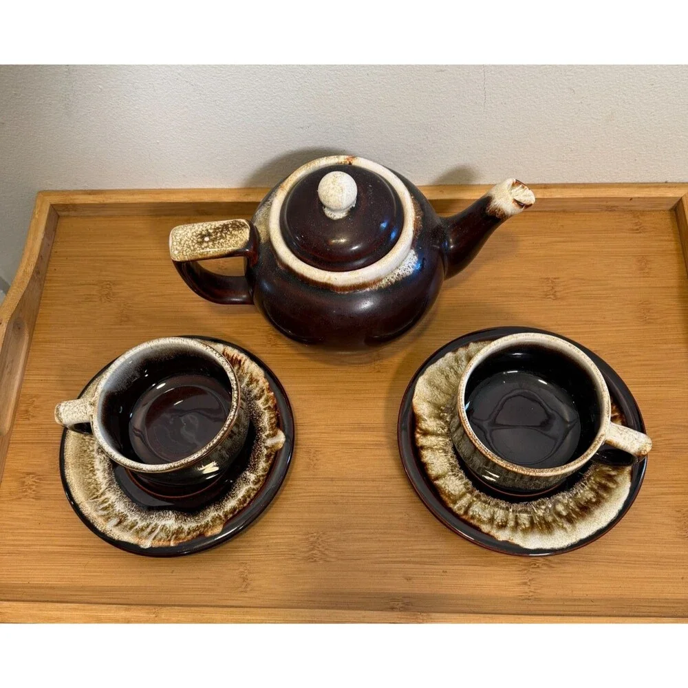 Vintage Pfaltzgraff Gourmet Brown Drip Tea Set Teapot 2 Cups Saucers USA
